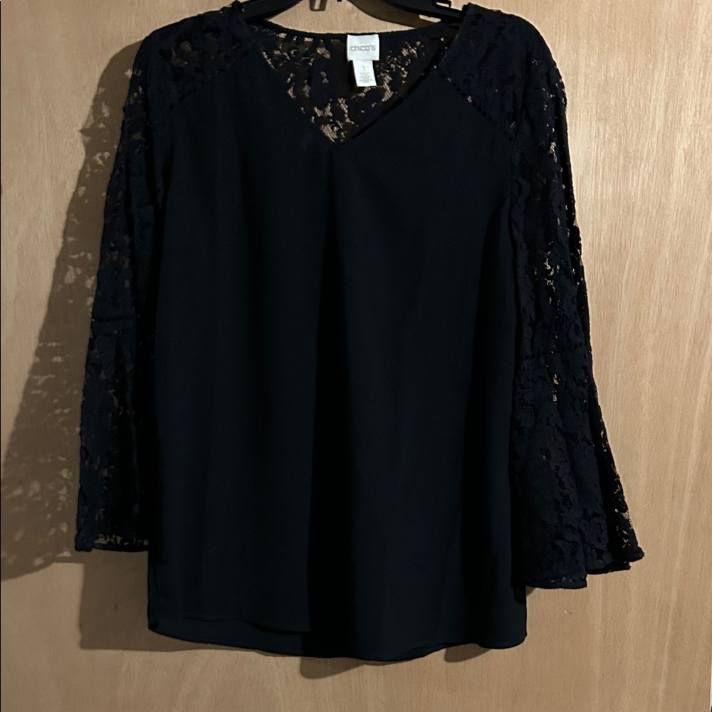 Chico’s Black Blouse with Lace Sleeves